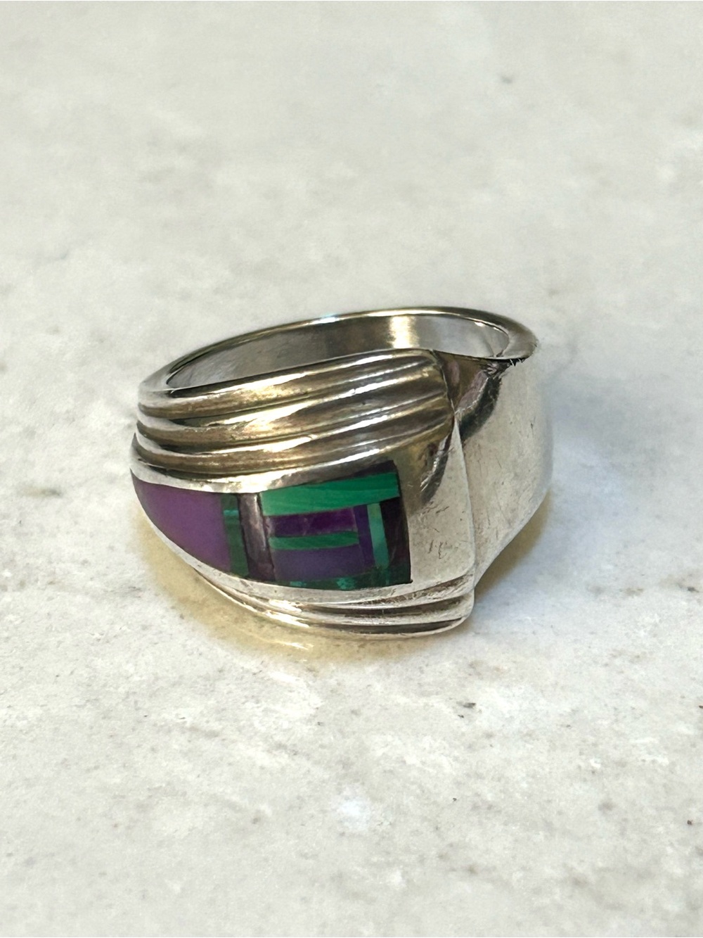 Teme Navajo Sterling Silver Ring with Multi-stone Inlay, 7.5